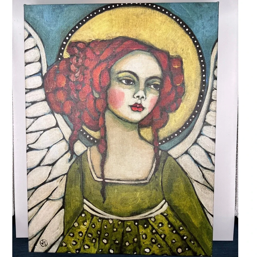 Jane Spakowsky Gritty Jane Angel Canvas Print 9x12 Green Excellent Folk Art